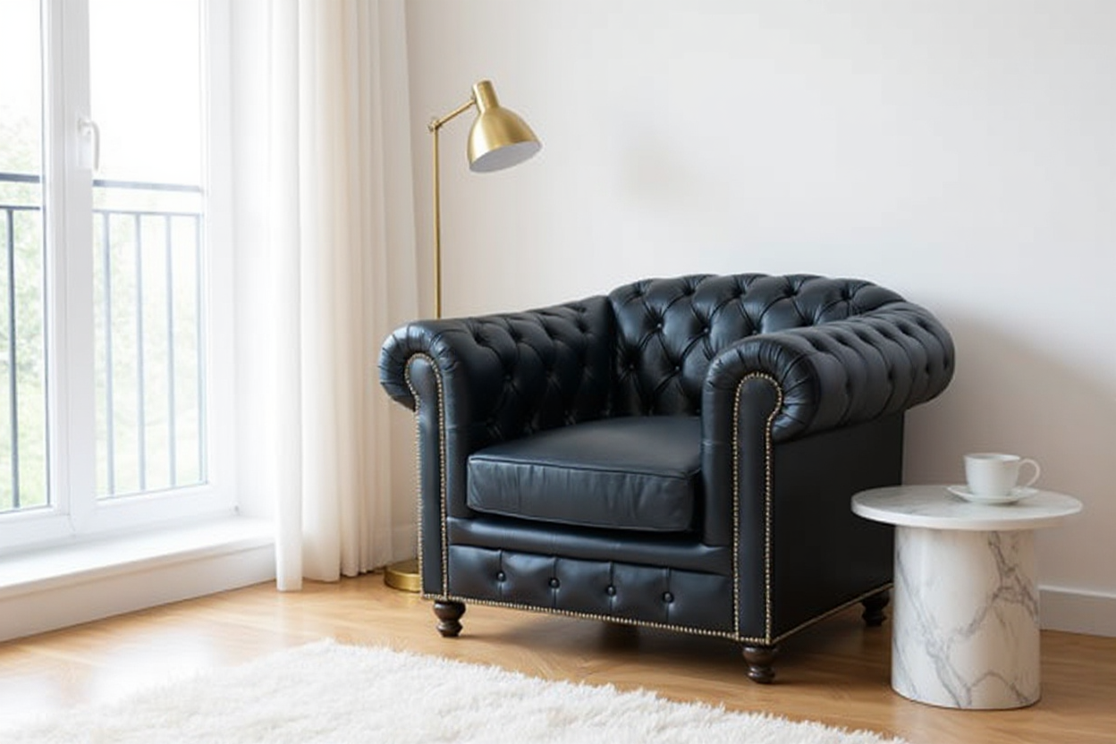 Fauteuil Chesterfield bleu marine dans un coin salon moderne lumineux