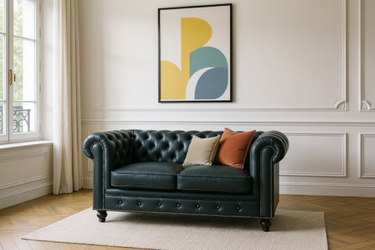 Fauteuil Chesterfield en cuir vert foncé modernisé dans un salon contemporain scandinave avec coussins colorés