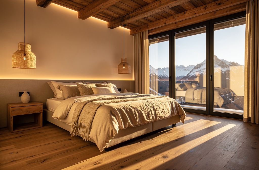 Lumière naturelle chalet moderne avec baies vitrées et paysage montagnard