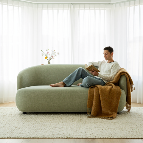 Canapé moderne courbé beige dans un salon lumineux avec plaid et personne qui lit confortablement