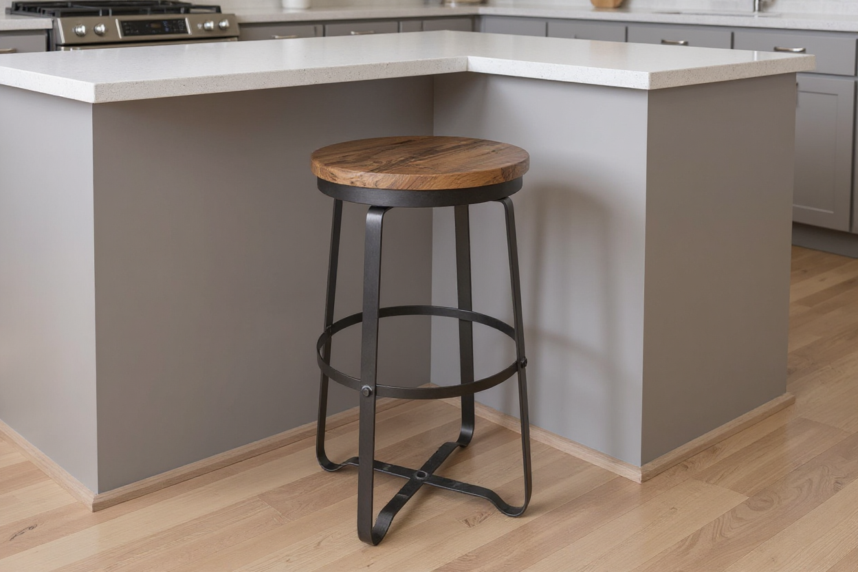 Tabouret de bar industriel espacé correctement le long d'un îlot de cuisine moderne
