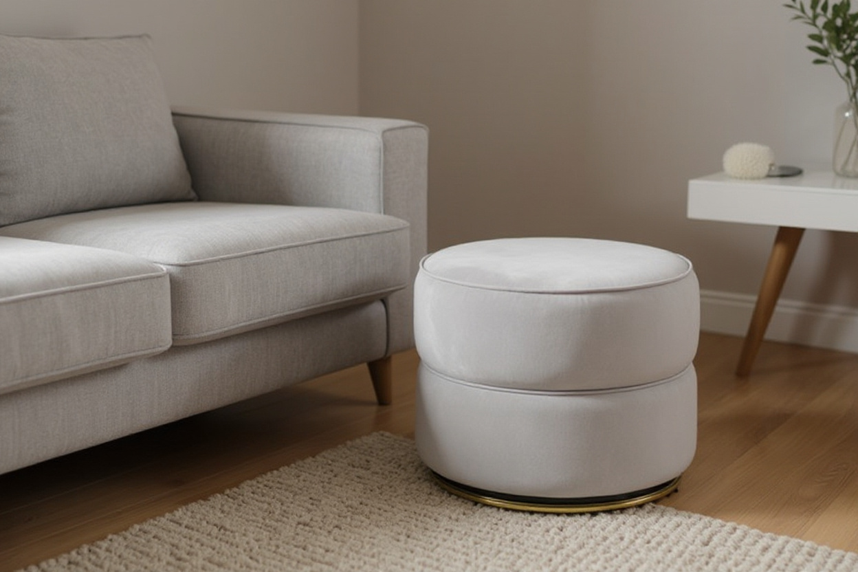 Un pouf en velours gris clair près d’un canapé dans un salon lumineux, suggérant un entretien facile.